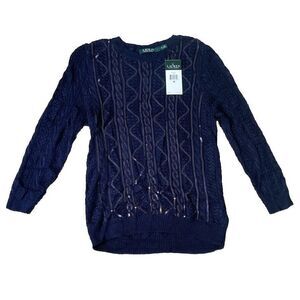 Ralph Lauren Crewneck Cable Navy Metallic Womens Sweater XS NWT
